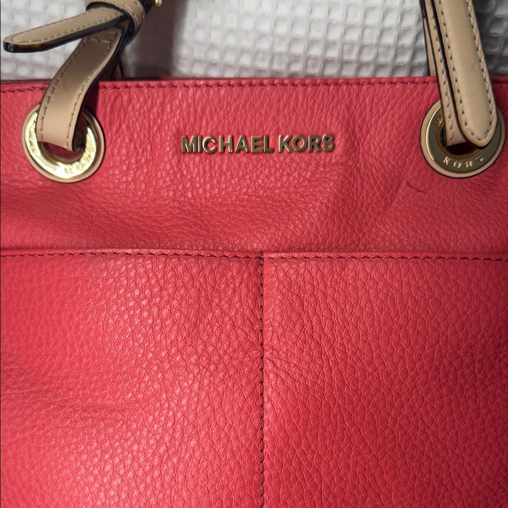 Michael Kors Coral and Tan Leather Tote - Picture 2 of 7